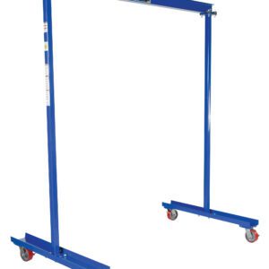 A Vestil Portable Work Area Gantry Crane 0.6K in blue features a rectangular metal frame with horizontal and vertical beams, four red and gray caster wheels, ideal for lifting and moving heavy objects effortlessly.