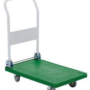 The Vestil Plastic Platform Truck 0.25K 27.75X18 In has a green platform with a white handle and gray swivel wheels, designed with a textured surface for reliable durability when carrying heavy loads.