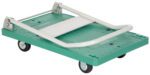 The Vestil Plastic Platform Truck 0.5K 33.5X21.5 In, with its durable metal frame and four casters, features a textured green flatbed and foldable handle for easy storage while handling up to 500 lbs smoothly.