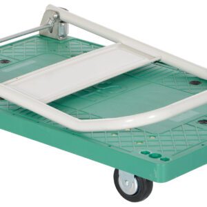 The Vestil Plastic Platform Truck 0.5K 33.5X21.5 In, with its durable metal frame and four casters, features a textured green flatbed and foldable handle for easy storage while handling up to 500 lbs smoothly.