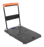 The Vestil Plastic Platform Truck boasts a black and orange foldable design with a textured surface. This dolly, with a 600 lb capacity and measuring 35x23 inches, features an auto brake and adjustable handle for easy handling of heavy boxes or luggage.
