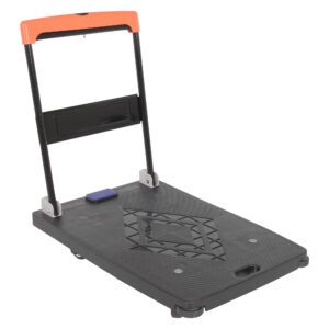 The Vestil Plastic Platform Truck boasts a black and orange foldable design with a textured surface. This dolly, with a 600 lb capacity and measuring 35x23 inches, features an auto brake and adjustable handle for easy handling of heavy boxes or luggage.