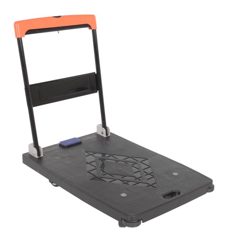 The Vestil Plastic Platform Truck boasts a black and orange foldable design with a textured surface. This dolly, with a 600 lb capacity and measuring 35x23 inches, features an auto brake and adjustable handle for easy handling of heavy boxes or luggage.