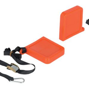 The Vestil Fork Tip Protector Thin Orange features two orange plastic wheel chocks with black adjustable straps, metallic hooks, and buckles for securing wheels, shown on a crisp white background.
