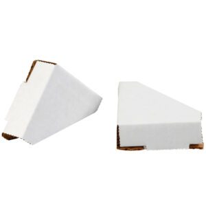 Two white triangular cardboard boxes are displayed, one upright and the other lying on its side, showing its brown interior. They resemble MH-USA 3 1/4 x 3 1/4 Frame Protectors and appear to be food packaging for cake or pie slices.