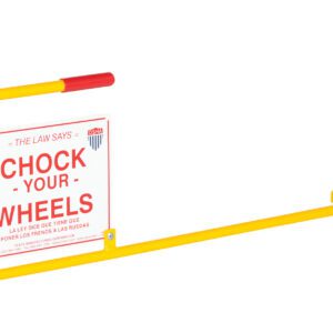 The Vestil Flag Rail Chock with Adjustable Height Leg is a yellow safety sign featuring red text: The law says = Chock Your Wheels plus a Spanish translation, designed to secure and stabilize vehicles effectively.