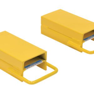 Two yellow rectangular metal blocks with handles, resembling the Vestil Fork Rear Spacer 5 In Width, each showing a partially visible blue and gray element inside, are side by side on a white background.
