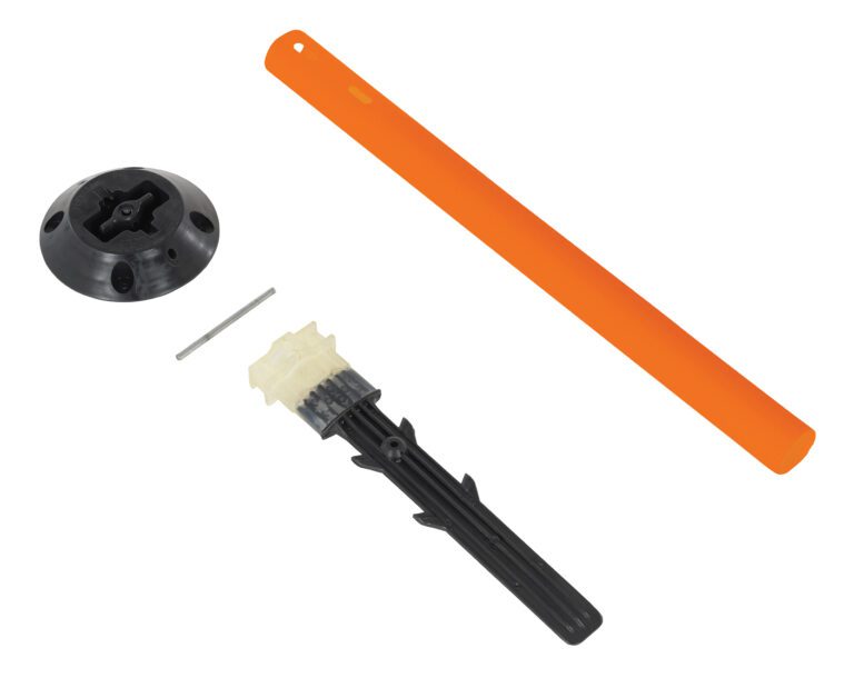 FSP-36-O-PS_A.jpg Image featuring four items: a round black cap with central opening, a long rod similar to the Vestil Permanent Sign Post W/Base 36 X 2 Orange, a small gray pin, and a black cylinder with translucent top, all set on a white background.