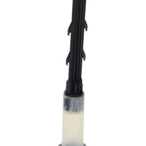 A black and transparent automotive coil pack ignition coil, similar to a Vestil Tubular Flex Insert, stands upright. The base is cylindrical and translucent, while the top section is elongated, black, and features a ridged design.