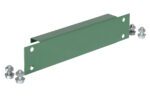 The green metal U-shaped bracket, similar to a Vestil Pallet Racking-Frame Spacer 12 In, has four holes and is accompanied by six silver bolts and nuts. It sits on a white background, highlighting its sturdy design ideal for robust applications.