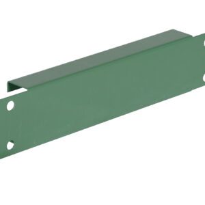 The green metal U-shaped bracket, similar to a Vestil Pallet Racking-Frame Spacer 12 In, has four holes and is accompanied by six silver bolts and nuts. It sits on a white background, highlighting its sturdy design ideal for robust applications.