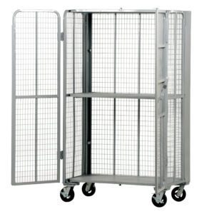 The Vestil Folding Security Truck 2000 Lb Capacity is a wheeled metal storage cage with a wire mesh design, open doors, and two sturdy interior shelves.
