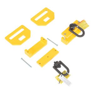 A yellow door lock installation kit with plates, locks, screws, and an Allen wrench on a white background is as essential for secure fastening as the Vestil Forklift Tie-Down Clamps.