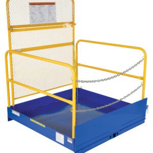 The Vestil Fork Truck Loading Platform W/Handrails, available in blue and yellow, has mesh barriers, a chain-secured gated entrance, and a top safety notice. Designed for forklift attachment, it ensures security during elevated tasks.