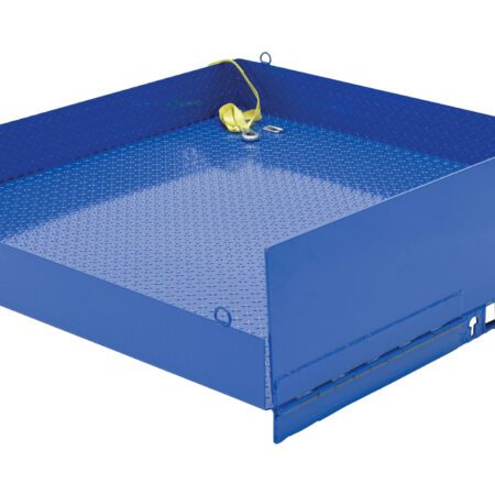 A blue metal dock leveler, similar to the Vestil Fork Truck Loading Platform, has a sturdy design with a textured surface and yellow pull chain at its center. It features raised edges on three sides, ideal for material handling or loading=