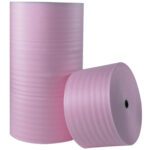 Two large rolls of MH-USA 1/8 x 12 x 550 Anti-Static Air Foam are shown, one upright and the other leaning against it. The smooth-textured foam with even layers, totaling 550 per roll, is ideal for packing or insulation.