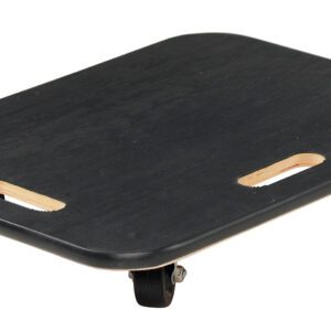 The Vestil Fiber Wood Dolly W/Rubber Caster 18 x 24 features a sleek black wooden design with rubber casters, four small wheels, and two cut-out handles, making it ideal for effortlessly moving heavy objects.