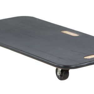 The Vestil Fiber Wood Dolly W/Rubber Caster 18 X 36 features a flat rectangular design with two cut-out handles and four rubber casters. Its smooth surface and rounded edges ensure easy maneuverability, making it reliable for transportation.