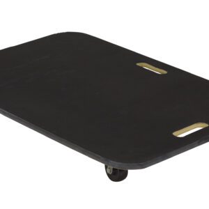 The Vestil Fiber Wood Dolly W/Rubber Caster, measuring 24 x 36 inches, is a black flat dolly with four wheels and two handle cutouts, designed for easy transport of heavy items while ensuring smooth mobility and convenience.