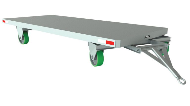 A flat, rectangular metal dolly with a tow bar handle and four green swivel wheels features red and white reflective side strips. This metallic gray surface is ideal for heavy items and resembles the versatile Vestil Fifth Wheel Towable Trailer 10K 60W Poly.