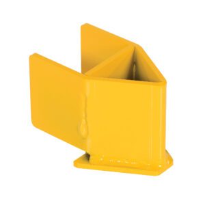 The yellow Vestil Rack Upright Guard features a V-shaped design with smooth surfaces and a small welded joint, set against a white background to highlight its industrial look.