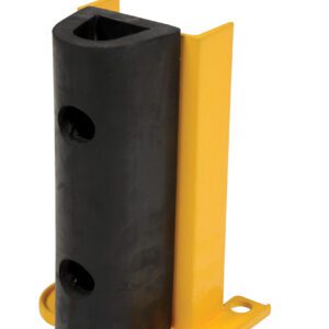 This sturdy black and yellow bollard post, similar to the Vestil Structural Rack Guard W/Bumper 12 Height, has a rectangular black rubber top, a yellow metal base with two bolt holes for secure mounting, and three precision-crafted side holes for versatility.