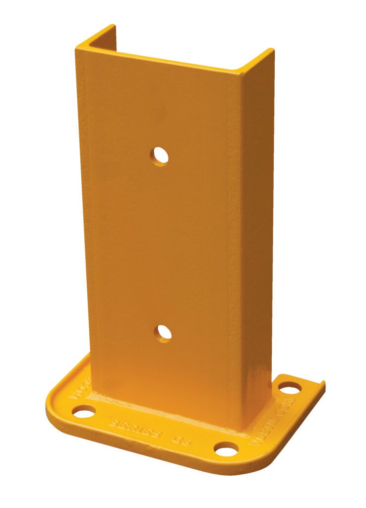 G6-12_A.jpg Yellow metal bracket similar to the Vestil Structural Rack Guard 6 In C Channel 12H, with three holes per side and a rectangular base featuring four corner holes, designed for reliable mounting or support.