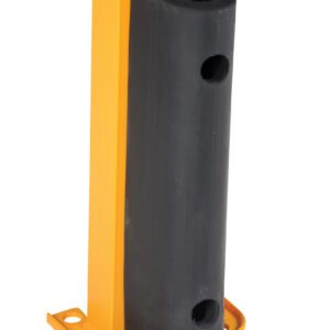 The Vestil Structural Rack Guard W/Bumper 18 Height features a sturdy yellow and black design with an 18-inch height. It includes an industrial bumper guard with two circular holes, mounted on a rectangular yellow base with corner holes for easy installation.