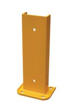 The Vestil Structural Rack Guard 6 In C Channel 18H has a yellow metal post base with a rectangular vertical section. Its flat base has four mounting holes, and the 6-inch C channel stands 18 inches high with two vertically stacked attachment holes, making it perfect for added safety.