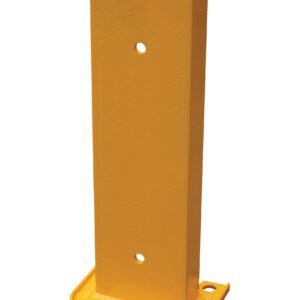 The Vestil Structural Rack Guard 6 In C Channel 18H has a yellow metal post base with a rectangular vertical section. Its flat base has four mounting holes, and the 6-inch C channel stands 18 inches high with two vertically stacked attachment holes, making it perfect for added safety.