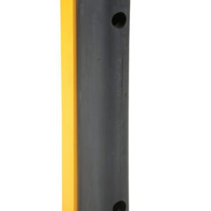 The Vestil Structural Rack Guard W/Bumper 24 Height is a vertical yellow metal post with a black rubber bumper and two round holes, standing 24 inches tall. It features an impact-absorbing base that is flat and perforated for secure mounting.