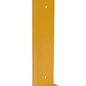 The Vestil Structural Rack Guard 6 In C Channel 24H is a yellow vertical metal bracket with a rectangle shape, three evenly spaced holes, and a wider bottom for stability. It has a smooth surface and offers a simple yet highly functional design.