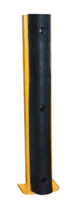 The Vestil Structural Rack Guard W/Bumper 36 Height is a vertical, cylindrical safety bollard with a yellow base and black rubber padding. It features circular holes along its length for superior impact protection against potential collisions against a plain white background.