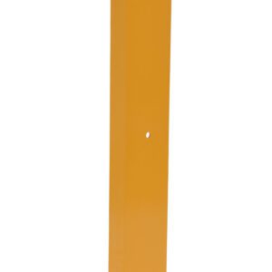 A yellow metal post, similar to the Vestil Structural Rack Guard 6 In C Channel 36H, stands vertically against a white background. It has small circular holes on its flat surface and a wide rectangular base for stability.