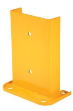 The Vestil Structural Rack Guard 8 In C Channel 12H is a yellow metal bracket with a flat base featuring two circular holes and an 8-inch vertical channel. Its ideal for protecting structures and is displayed on a pristine white background.