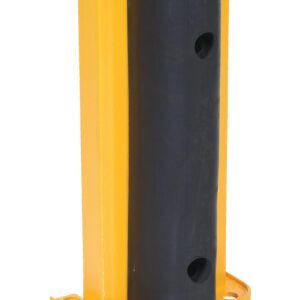 The Vestil Structural Rack Guard W/Bumper 18 Height features a yellow L-shaped bracket with a vertical black rubber bumper, stands 18 inches tall, includes two mounting holes, and has a flat base with two additional holes for floor attachment.