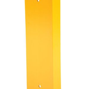 A yellow metal bracket similar to the Vestil Structural Rack Guard 8 In C Channel 24H features a rectangular base with two pre-drilled holes and stands upright against a white background, highlighting its robust design.