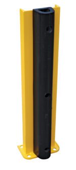 The Vestil Structural Rack Guard W/Bumper 36 Height is yellow and black, 36 inches tall, made of metal and hard plastic for safety and impact protection. It features mounting holes at the base for easy installation.