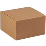 The 10 x 10 x 6 Kraft Gift Boxes come in a plain brown design with slightly curved lids, ideal for packaging or storage. Sold in cases of 50, they are perfect for safely organizing items on a neutral background.