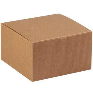 The 10 x 10 x 6 Kraft Gift Boxes come in a plain brown design with slightly curved lids, ideal for packaging or storage. Sold in cases of 50, they are perfect for safely organizing items on a neutral background.