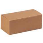 A 10 x 5 x 4 Kraft Gift Box sits on a white background. It features a rectangular shape with a small tab closure for an elegant touch. Perfect for any occasion, these plain brown cardboard boxes come in cases of 100, combining style and practicality.