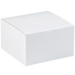 The MH-USA 12 x 12 x 9 White Gift Boxes (50/Case) have a minimalist yet sophisticated design with gently curved tops and crisp edges, set against a clean white background.