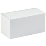 A plain, seamless white rectangular box from the MH-USA 12 x 6 x 6 White Gift Boxes (50/Case) rests elegantly against a white background, ideal for packaging or storage.