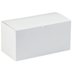A plain, seamless white rectangular box from the MH-USA 12 x 6 x 6 White Gift Boxes (50/Case) rests elegantly against a white background, ideal for packaging or storage.
