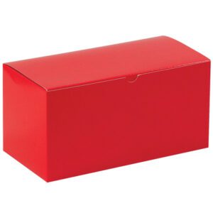The MH-USA 12 x 6 x 6 Holiday Red Gift Boxes, sold in cases of 50, feature a red rectangular cardboard design with a smooth surface and top flap, offering an elegant, logo-free presentation perfect for gift-giving.
