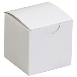 Against a neutral background, the unused plain white cardboard box resembles the MH-USA 2 x 2 x 2 White Gift Boxes. It features a closed, curved lid with flat sides and a semi-circular cutout, making it suitable for packaging.