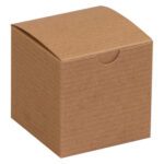A small, plain cardboard box made of Kraft paper and measuring 3 x 3 x 3 inches features a slightly curved lid and a tab closure at the front. This gift box is part of the 100/Case set from the product line 3 x 3 x 3 Kraft Gift Boxes, ideal for any occasion.