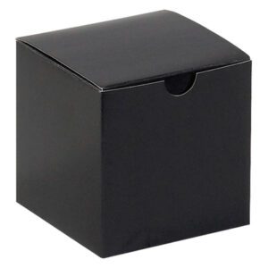 The MH-USA 4 x 4 x 4 Black Gloss Gift Boxes, presented on a white background, showcase a minimalist design with a sleek black lid and a semi-circular front cutout for easy opening. Each case contains 100 of these elegant boxes.