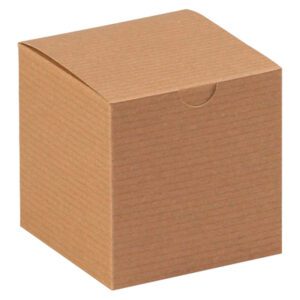 The 4 x 4 x 4 Kraft Gift Box has a plain brown design with vertical lines, a semicircular cutout for easy opening, and comes with the lid closed. Perfect for gifts or storage, its sold in cases of 100 and features a slightly textured surface.