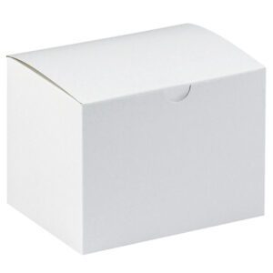 An MH-USA 6 x 4 1/2 x 4 1/2 white gift box, featuring a curved top and a small notch for opening, is pictured against a light background.
